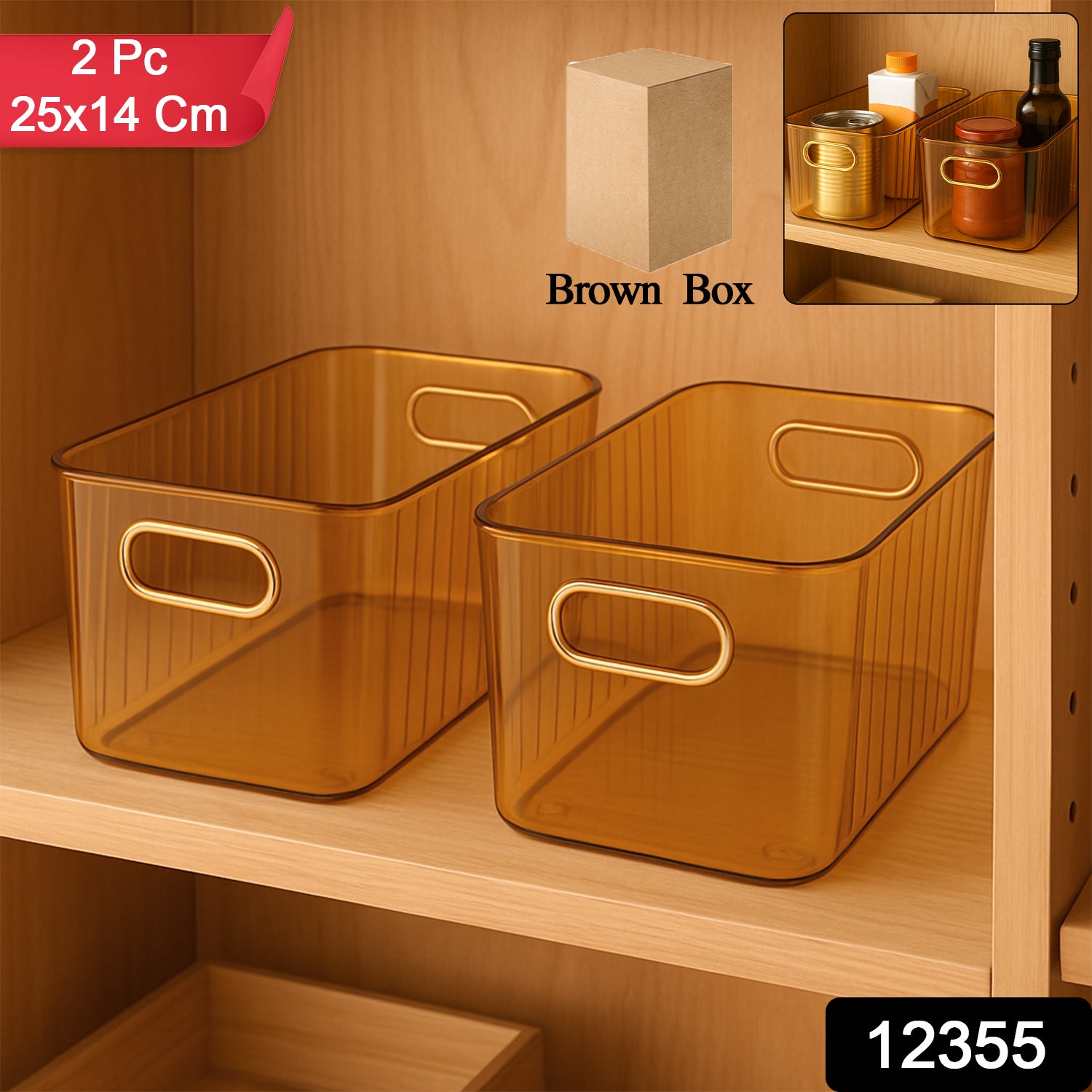 Premium Ribbed Transparent Storage Basket With Gold Handle  Multipurpose Kitchen Amp Home Organizer Box (25x14cm  2 Pc)