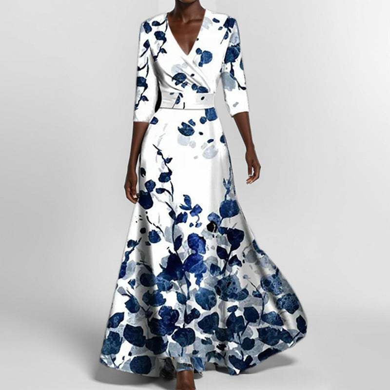 Fashion Print Half-sleeve V-neck Dress Temperament Slim Tight Waist Dresses For Women