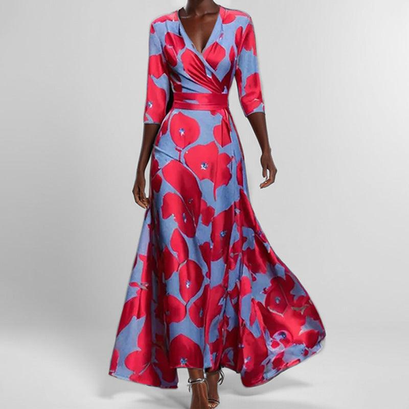 Fashion Print Half-sleeve V-neck Dress Temperament Slim Tight Waist Dresses For Women
