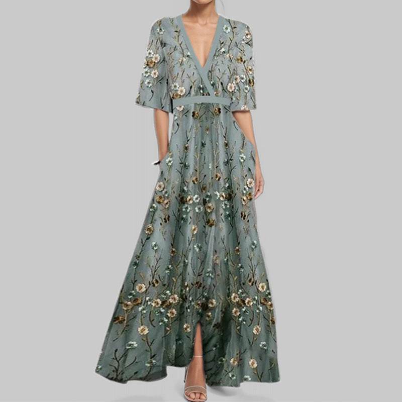 Fashion Print Half-sleeve V-neck Dress Temperament Slim Tight Waist Dresses For Women