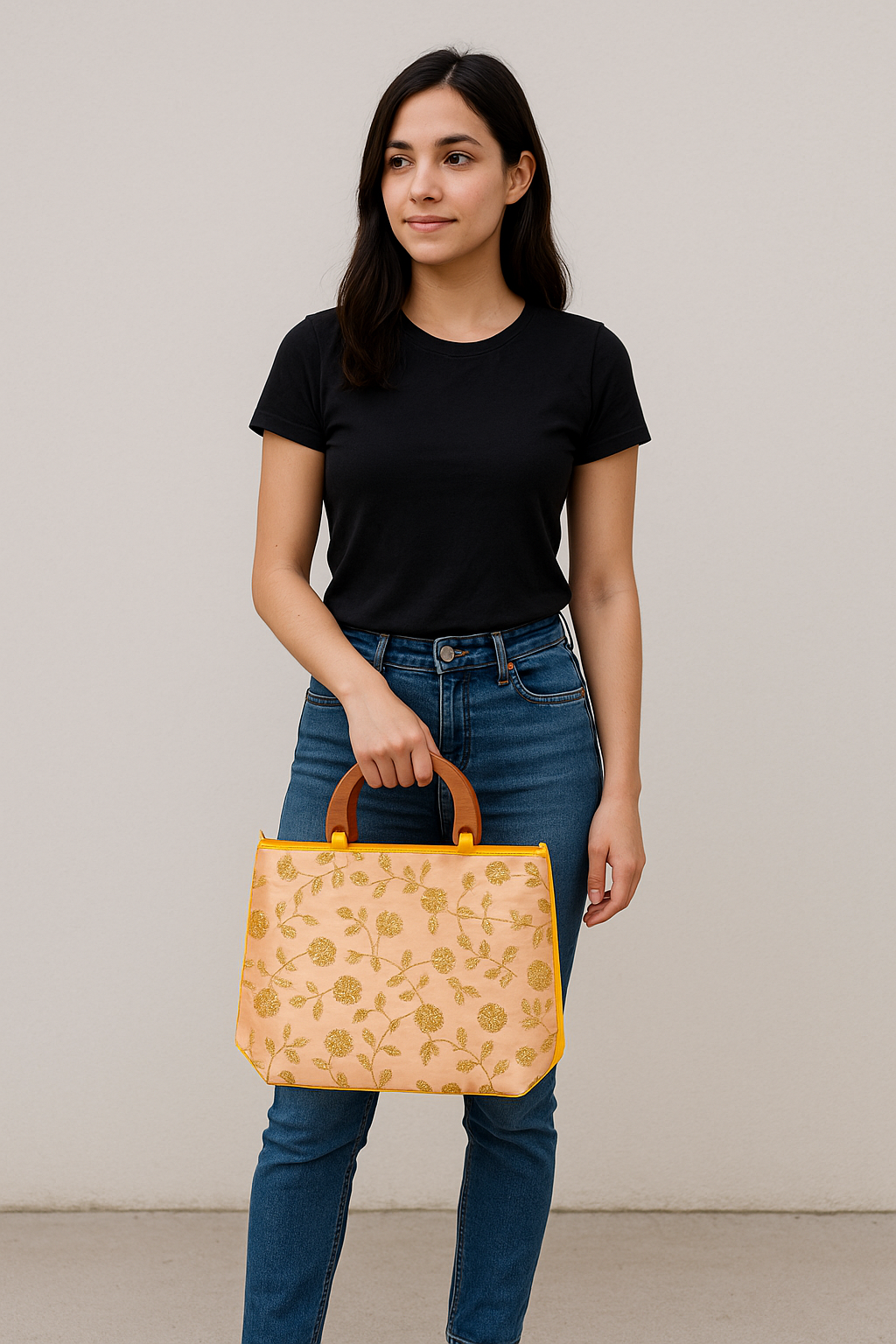 Elegant Embroidered Handbag with Wooden Handles