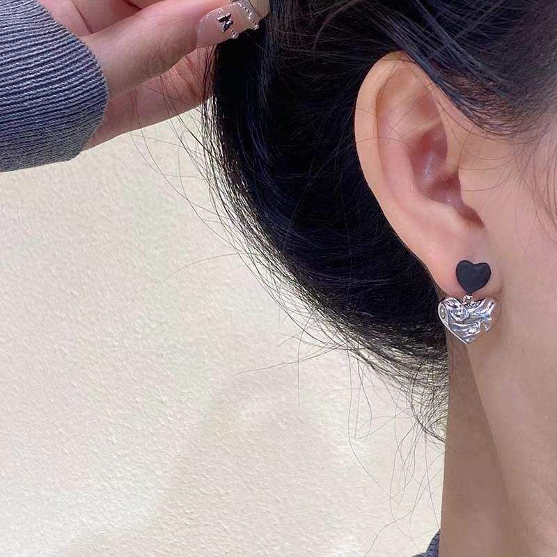 Black & Silver Double Heart Drop Earrings