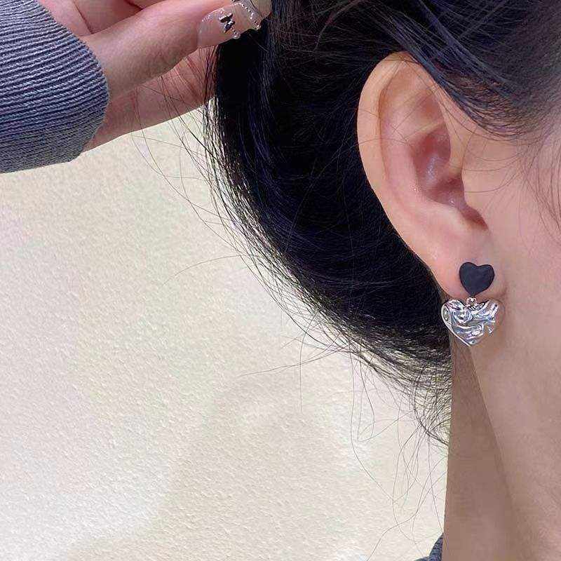 Black & Silver Double Heart Drop Earrings
