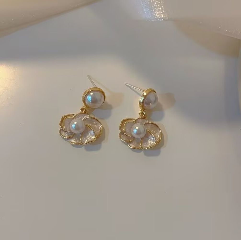 Pearl & Enamel Floral Drop Earrings