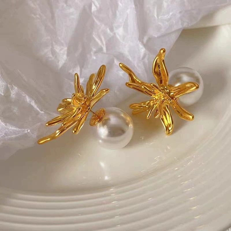 Sculptural Gold Floral Pearl Earrings
