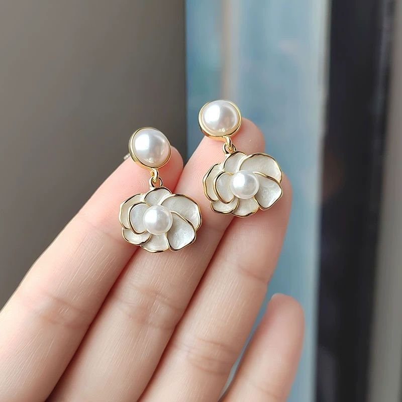 Pearl & Enamel Floral Drop Earrings