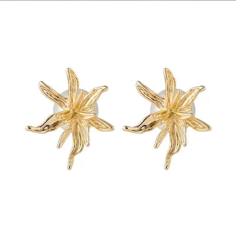 Sculptural Gold Floral Pearl Earrings