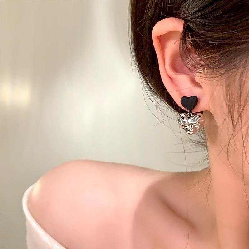 Black & Silver Double Heart Drop Earrings