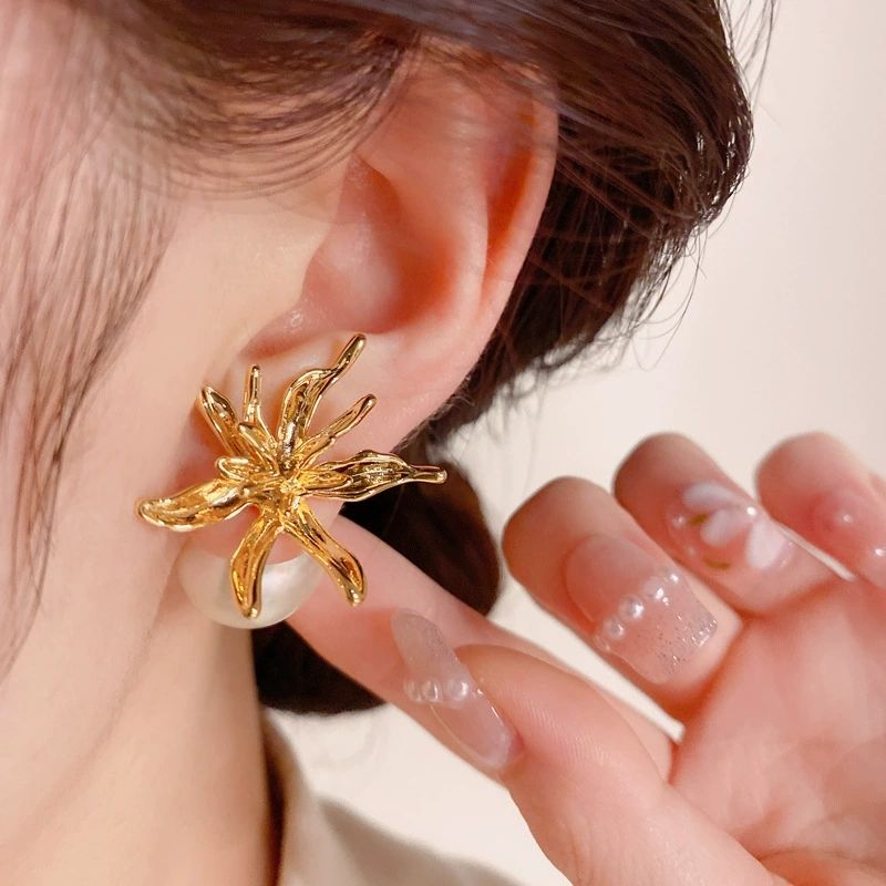 Sculptural Gold Floral Pearl Earrings