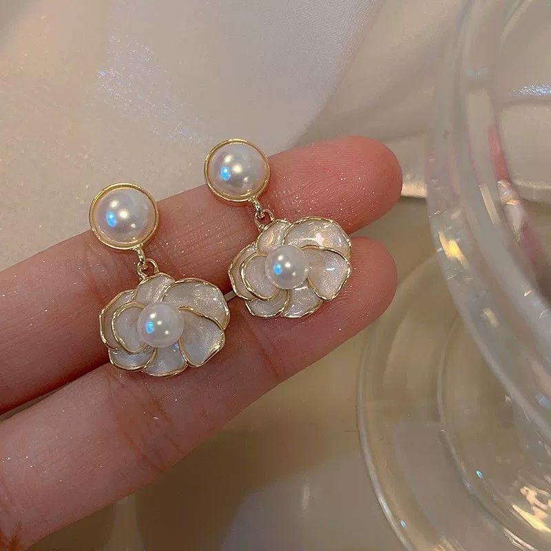 Pearl & Enamel Floral Drop Earrings