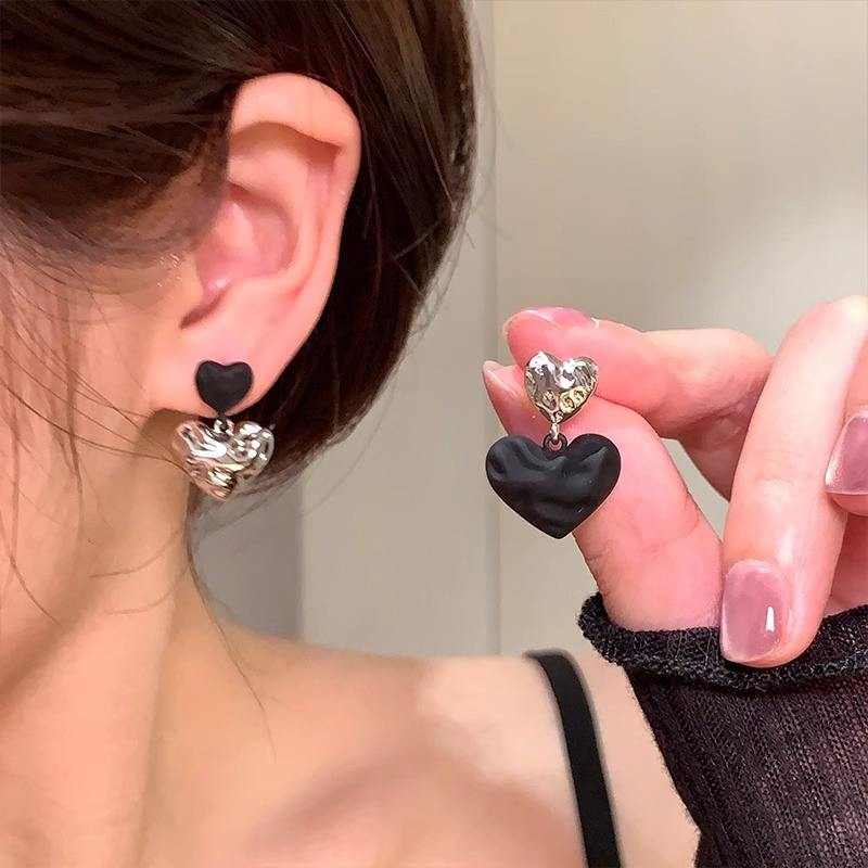 Black & Silver Double Heart Drop Earrings