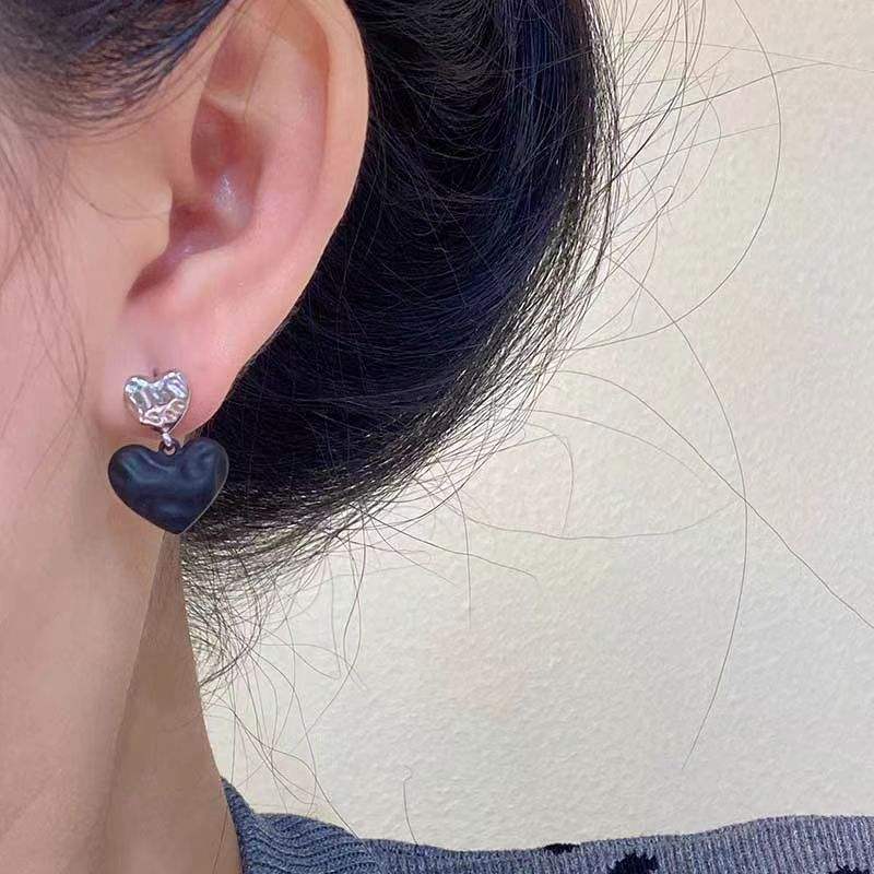 Black & Silver Double Heart Drop Earrings