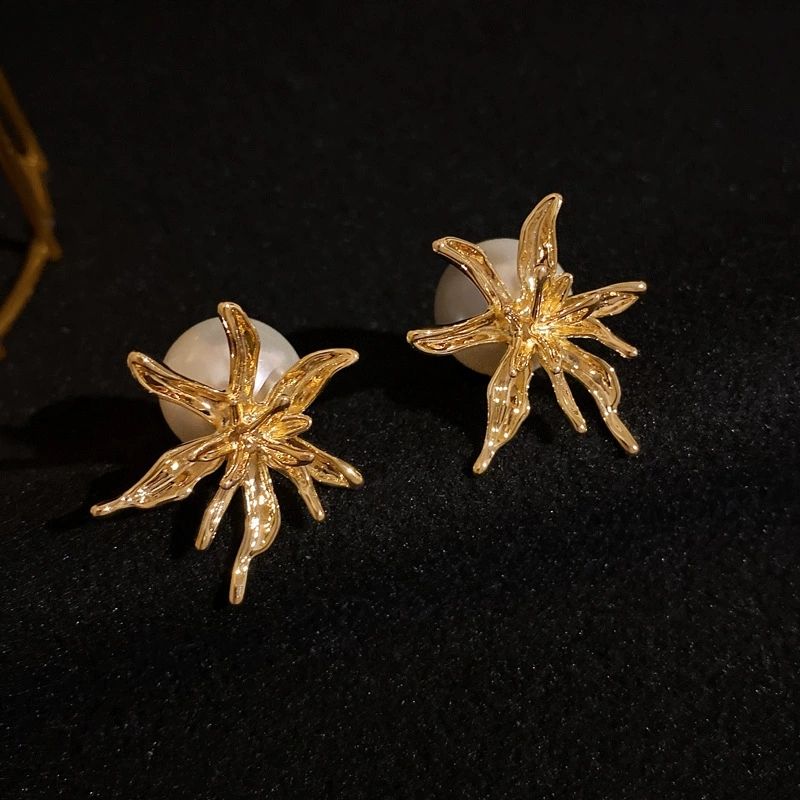 Sculptural Gold Floral Pearl Earrings