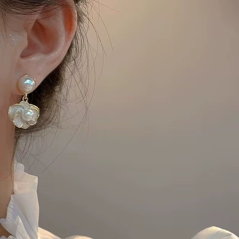 Pearl & Enamel Floral Drop Earrings