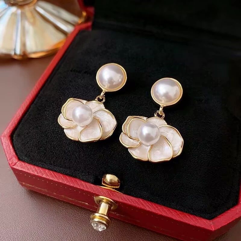 Pearl & Enamel Floral Drop Earrings