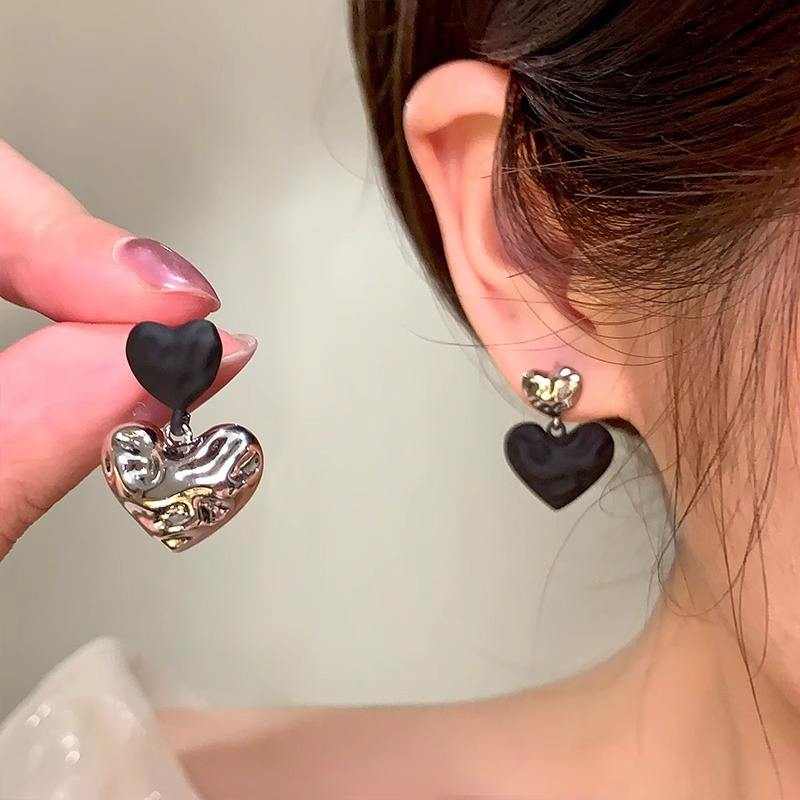 Black & Silver Double Heart Drop Earrings