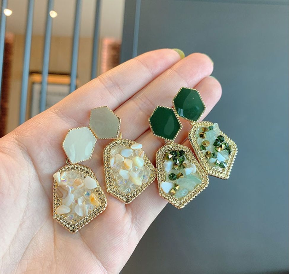 Geometric Resin & Crystal Mosaic Drop Earrings