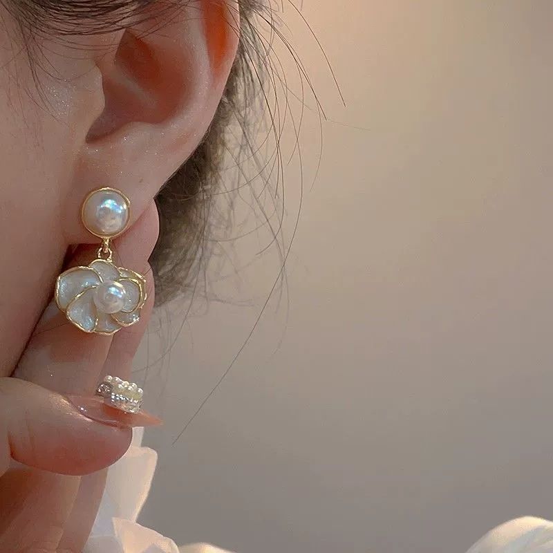 Pearl & Enamel Floral Drop Earrings