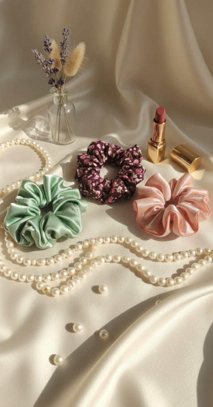 ✨ Luxury Satin & Floral Scrunchie Combo – Elegant Hair Accessories Set ✨