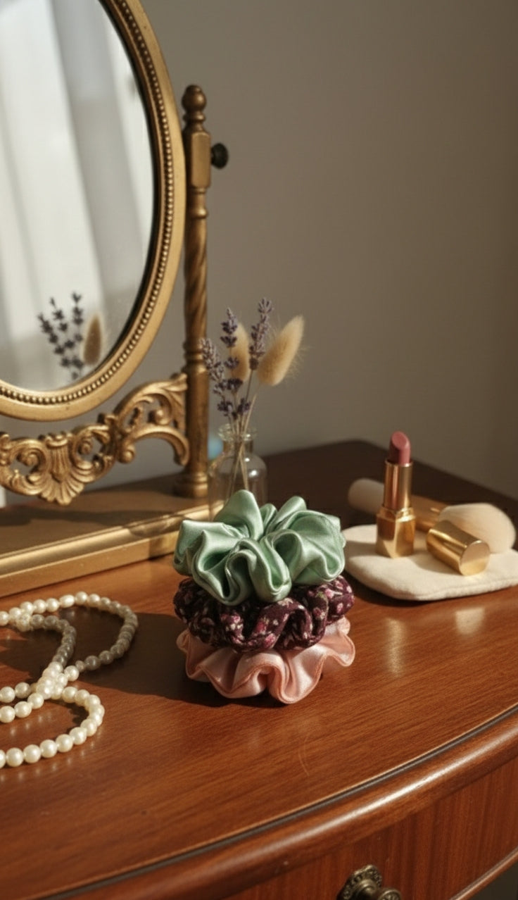 ✨ Luxury Satin & Floral Scrunchie Combo – Elegant Hair Accessories Set ✨