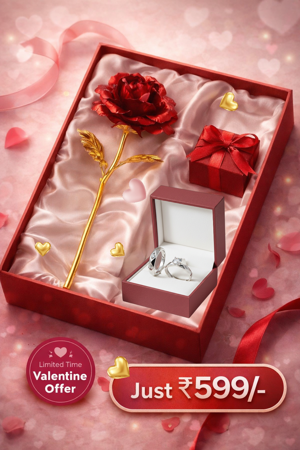 Valentine’s Luxury Rose & Couple Ring Gift Set 🌹💍