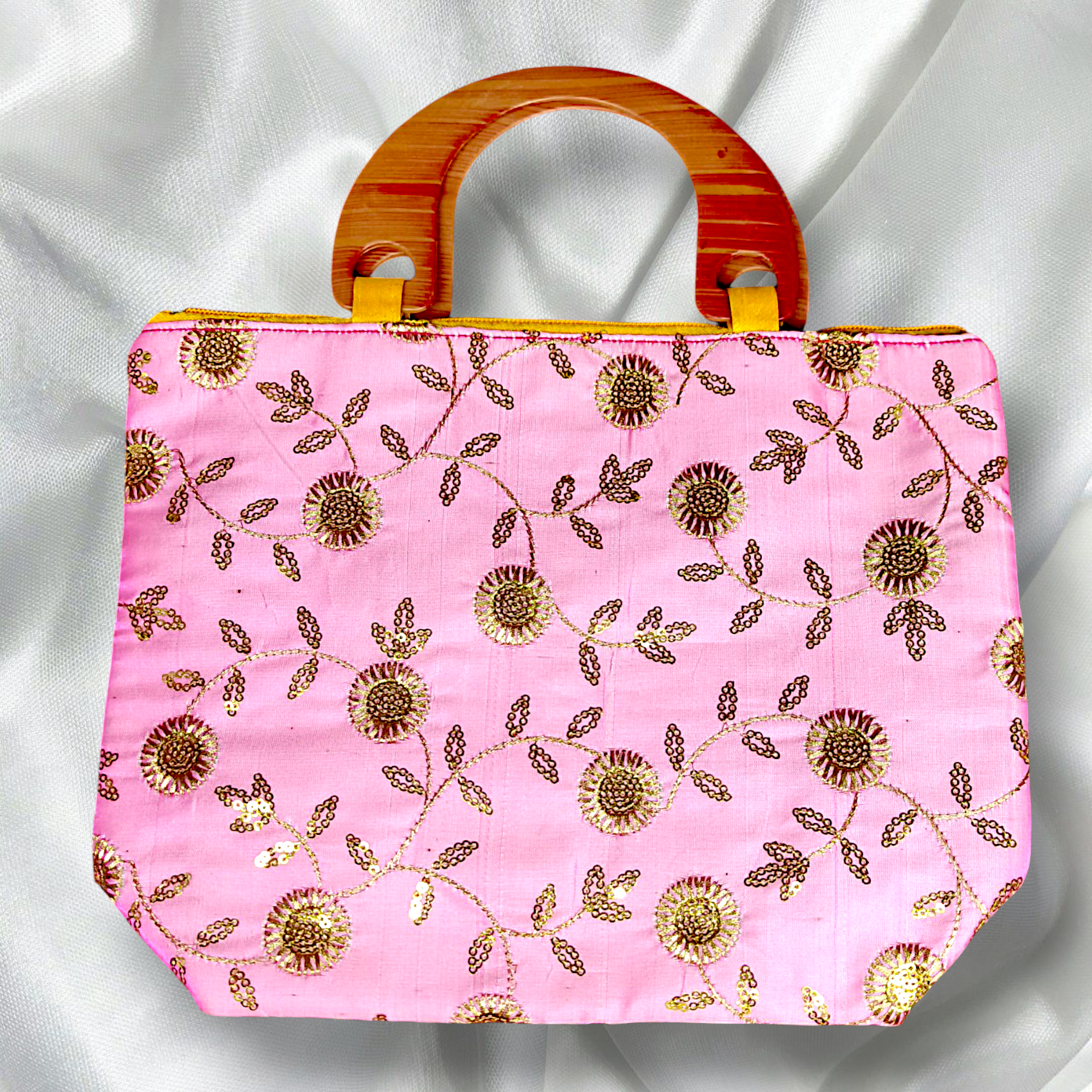 Elegant Embroidered Handbag with Wooden Handles