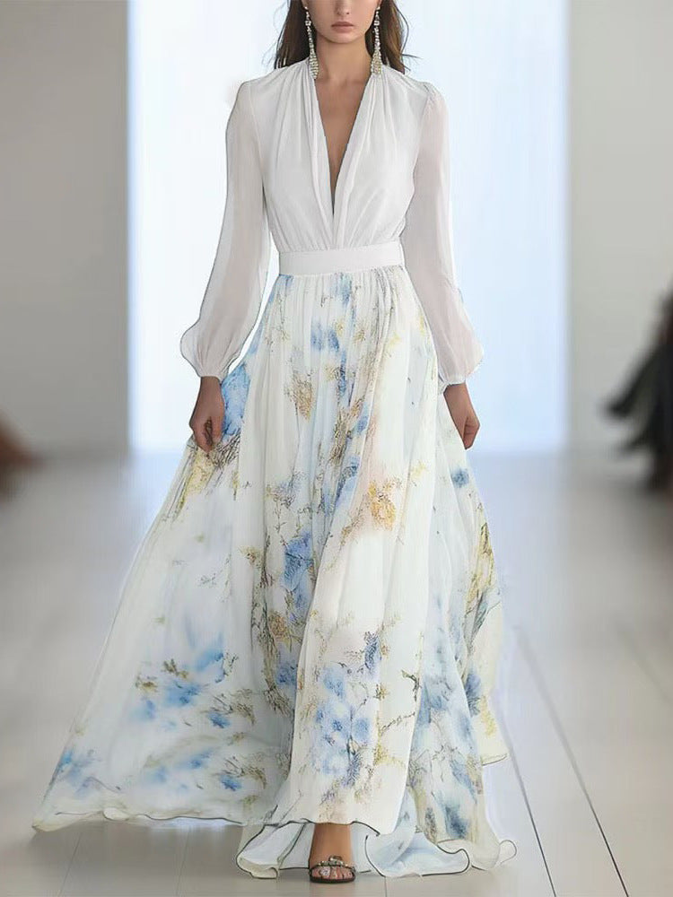 Polyester Digital Printing Long-Sleeved V Neck Splicing Long Skirt Dress