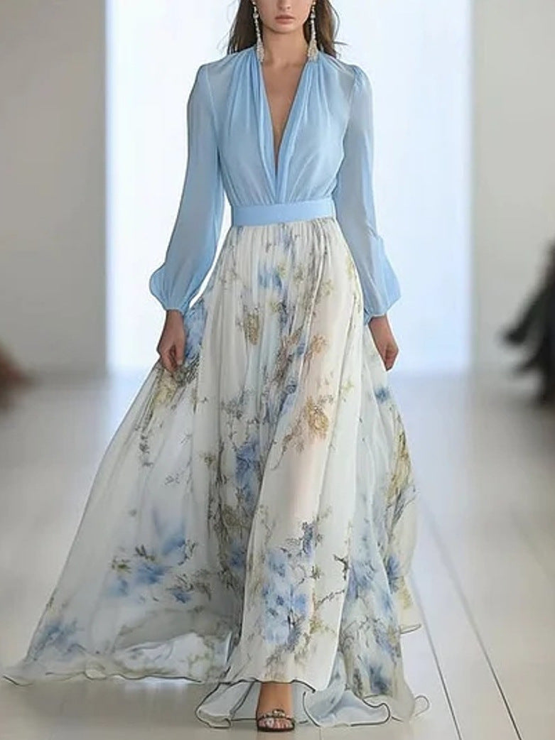 Polyester Digital Printing Long-Sleeved V Neck Splicing Long Skirt Dress