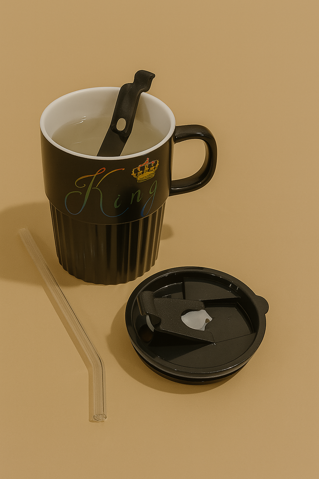 👑 King Black Mug with Lid & Straw – Premium Ceramic Coffee & Tea Cup ☕✨