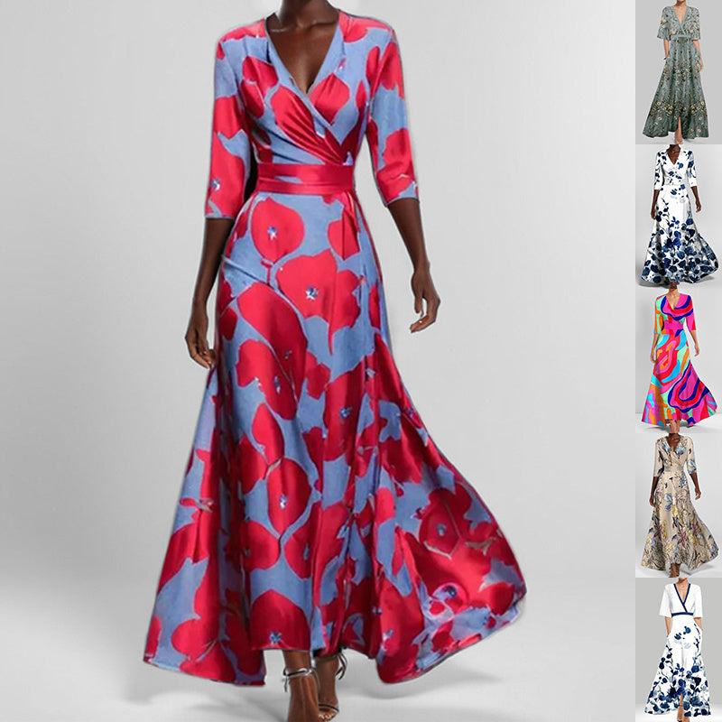 Fashion print half-sleeve V-neck dress with slim waist for women