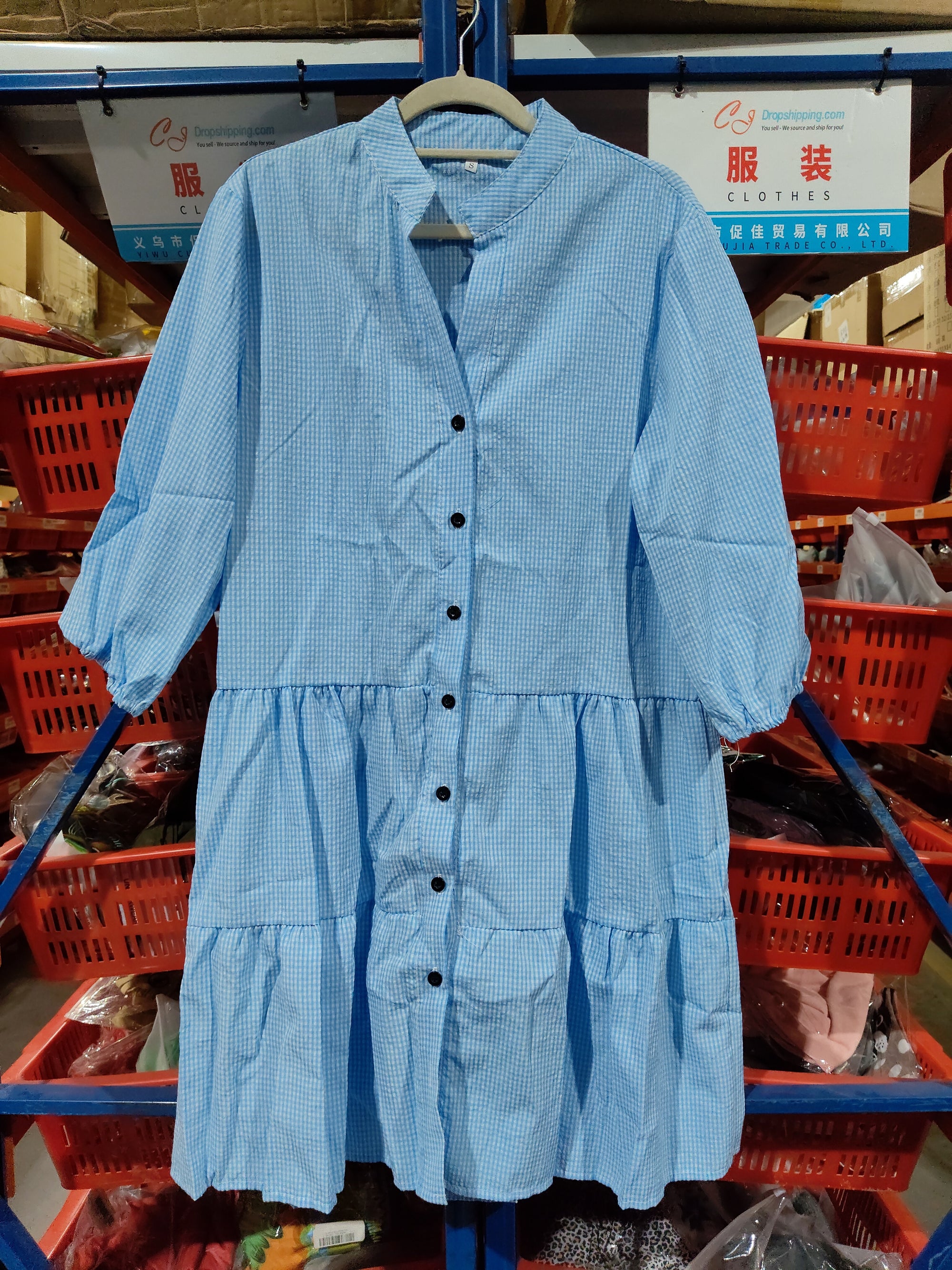 Plaid Printed Ruffle Dress V Neck Button Three-quarter Sleeves Dresses For Women Clothing