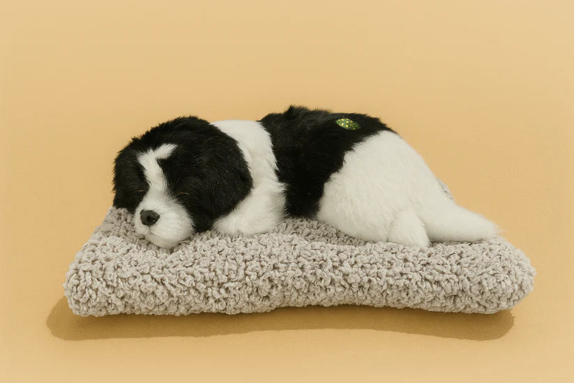 Realistic Sleeping Puppy Plush with Knitted Cushion – 10.5" x 8"