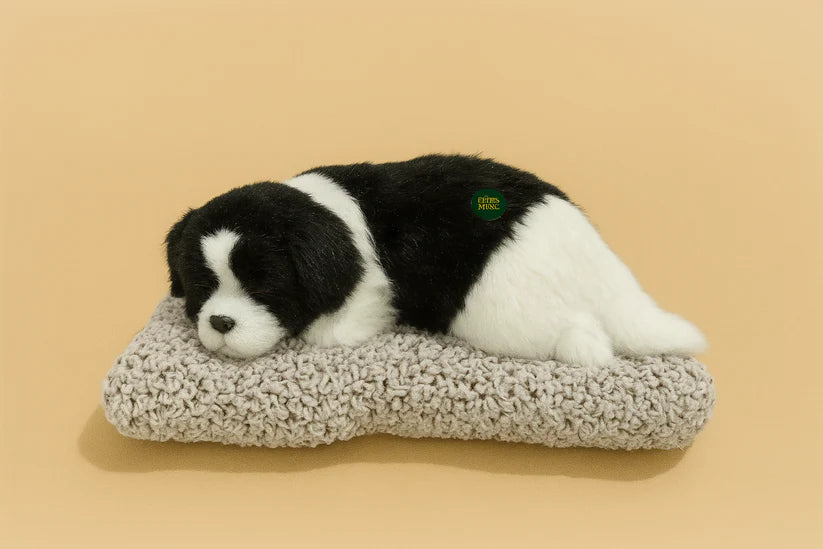 Realistic Sleeping Puppy Plush with Knitted Cushion – 10.5" x 8"